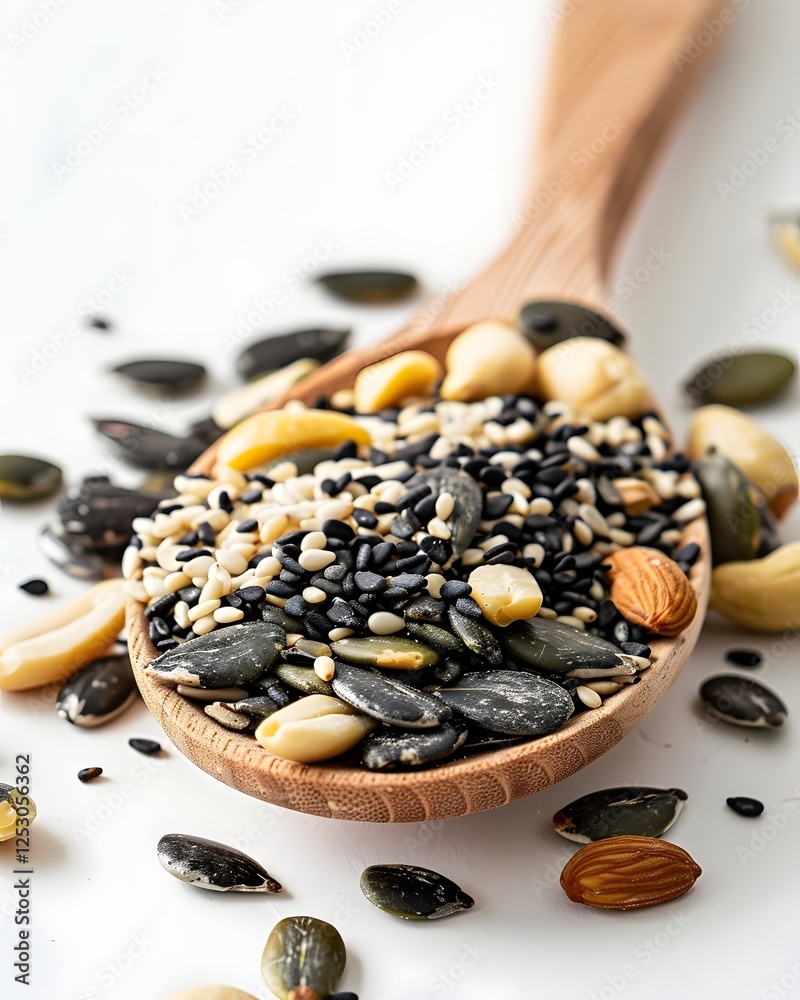 Wooden Spoon Filled with Assorted Nutritious Seeds and Nuts on Clean Background Wooden Spoon Filled with Assorted Nutritious Seeds and Nuts on Clean Background
