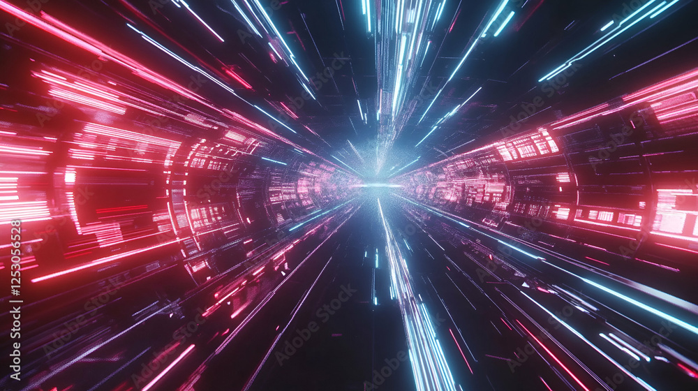 A high-speed futuristic data tunnel with neon pink and blue lights extending into the distance. The cyberpunk visualization represents rapid AI-driven connectivity and quantum computing evolution. A high-speed futuristic data tunnel with neon pink and blue lights extending into the distance. The cyberpunk visualization represents rapid AI-driven connectivity and quantum computing evolution.