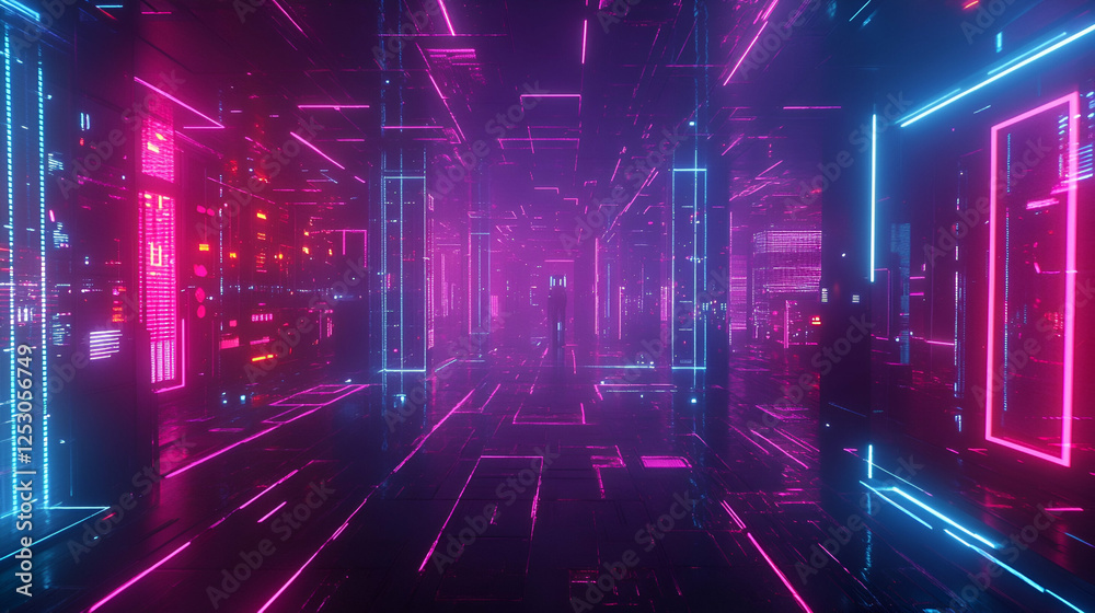 A neon-lit futuristic digital corridor with endless reflections and glowing blue and pink lights. The cyberpunk-style tunnel represents high-speed data processing, AI-driven intelligence, and next-gen A neon-lit futuristic digital corridor with endless reflections and glowing blue and pink lights. The cyberpunk-style tunnel represents high-speed data processing, AI-driven intelligence, and next-gen