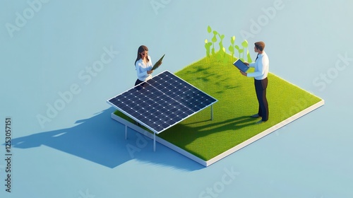 Isometric 3D Low Poly Style Depiction of Business People Evaluating Solar Panels and Plant Growth on a Landscape