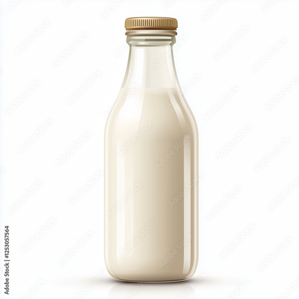 A realistic of a classic glass milk bottle filled with fresh white milk, set on a clean white background. A realistic of a classic glass milk bottle filled with fresh white milk, set on a clean white background.