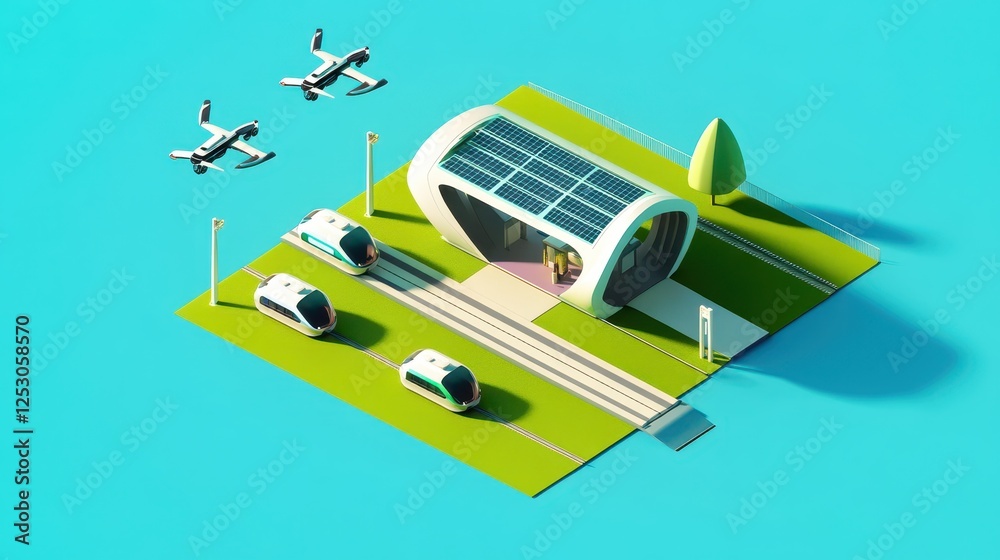 Fototapeta premium Futuristic isometric 3D low poly depiction of a transportation hub with drones and autonomous vehicles in a vibrant environment