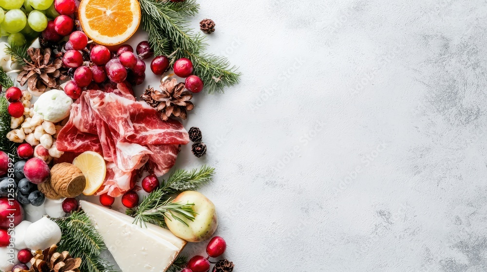 Festive food arrangement cheese, fruit, and meat Festive food arrangement cheese, fruit, and meat