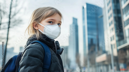 young girl wearing protective mask stands urban environment, surrounded by modern skyscrapers. She carries backpack and looks thoughtfully into distance, reflecting current global health concerns