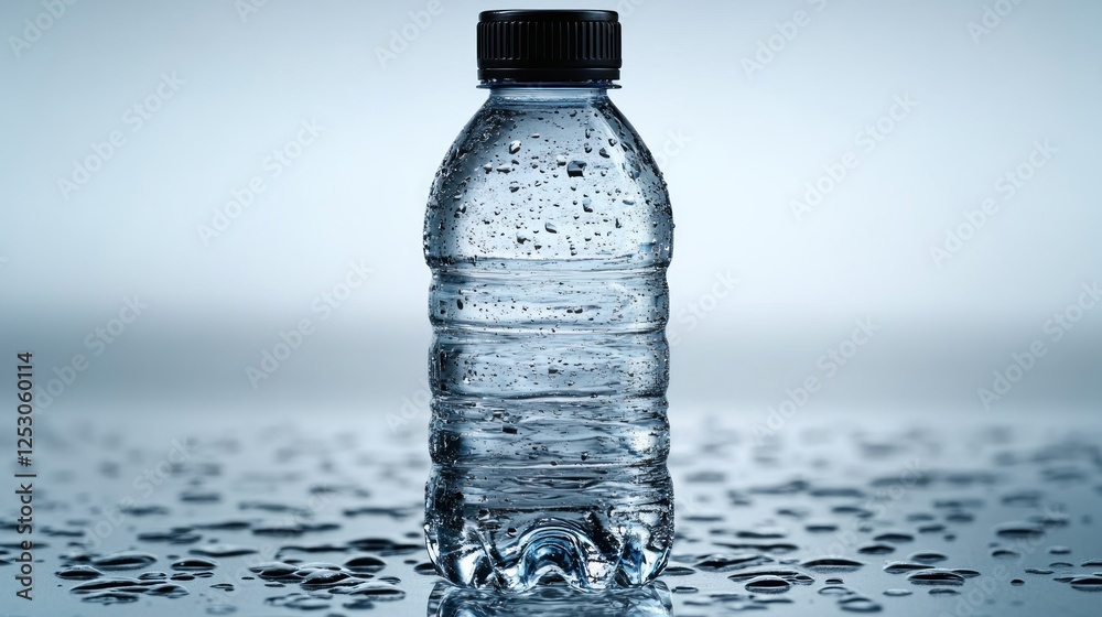 Refreshing bottled water on wet surface