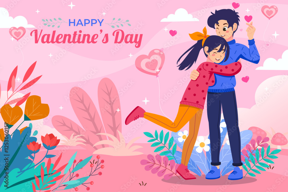 Valentine's day A couple falling in love hugs and Happy. Cute cartoon vector illustration background Valentine's day A couple falling in love hugs and Happy. Cute cartoon vector illustration background