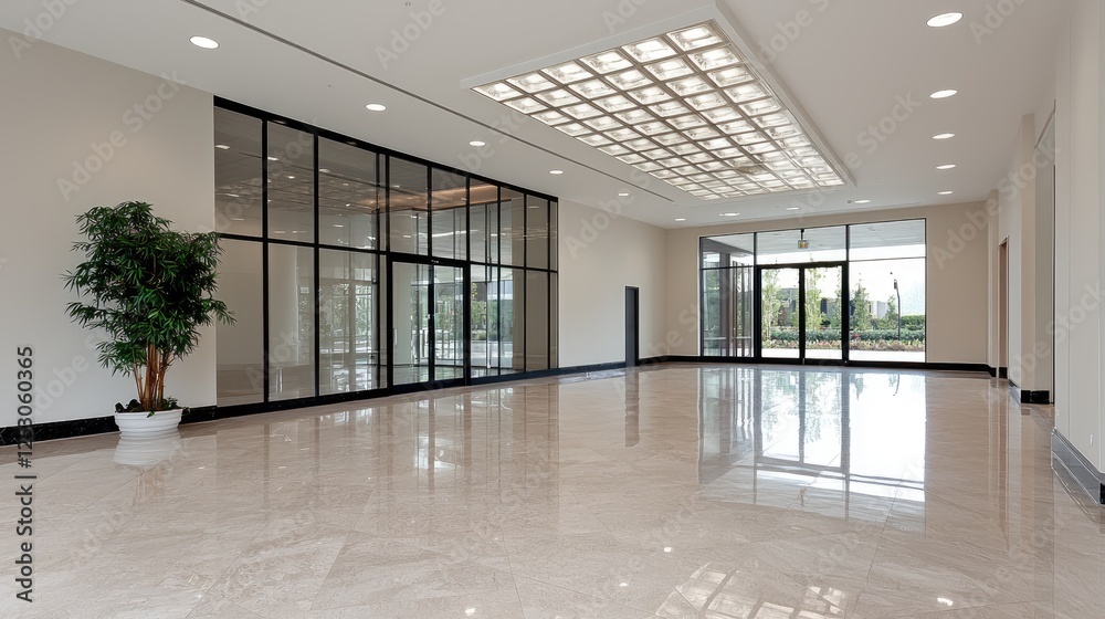 Fototapeta premium Modern office lobby, glass walls, marble floor, outdoor view