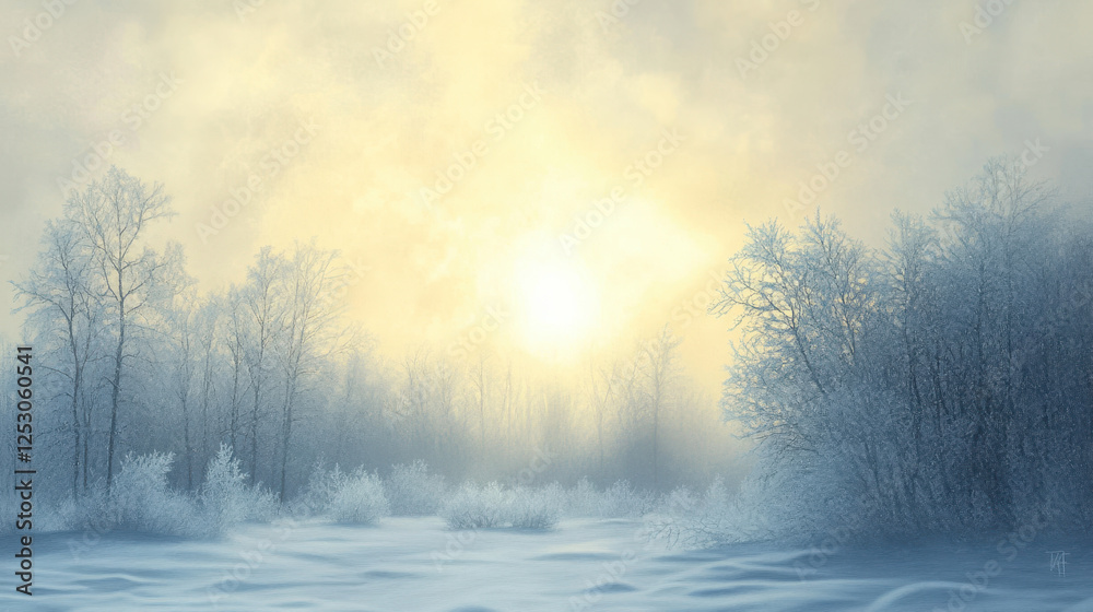 Winter Landscape With Misty Trees and Soft Sunlight Illuminating the Snowy Ground Winter Landscape With Misty Trees and Soft Sunlight Illuminating the Snowy Ground