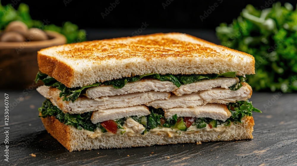 Close-up of a tasty chicken sandwich on toasted bread Close-up of a tasty chicken sandwich on toasted bread