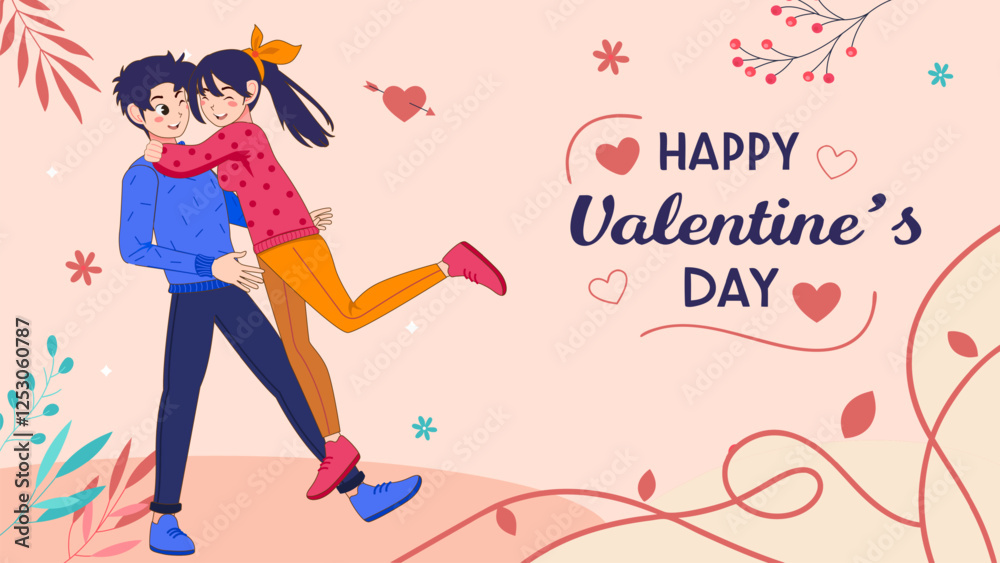 Couple of happy young man and woman hugging. Valentine's day joyful teen boyfriend and girlfriend embracing. Flat cute cartoon vector illustration background Couple of happy young man and woman hugging. Valentine's day joyful teen boyfriend and girlfriend embracing. Flat cute cartoon vector illustration background