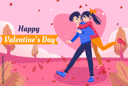Couple of happy young man and woman hugging. Valentine's day joyful teen boyfriend and girlfriend embracing. Flat cute cartoon illustration background