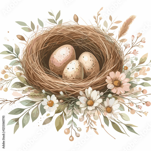 Nest with eggs and flowers, calm atmosphere, illustration style, soft colors, nature concept