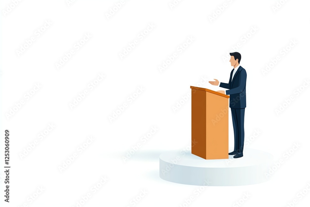 Illustration of a businessman speaking at a podium, delivering a presentation on a white background. Illustration of a businessman speaking at a podium, delivering a presentation on a white background.