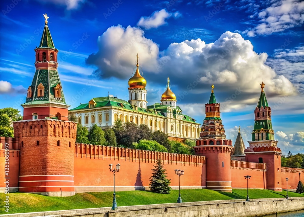 Majestic Moscow Kremlin Towers & Walls: Historic Russian Landmark Stock Photo