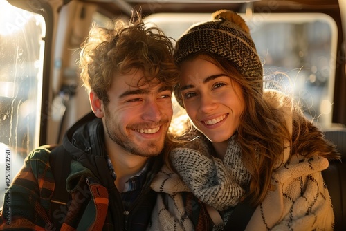 Young man with a smile conversing with a woman seated in a car