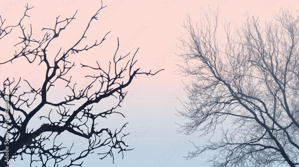 Silhouetted Trees Against a Soft Pastel Sky at Dusk in a Tranquil Setting Silhouetted Trees Against a Soft Pastel Sky at Dusk in a Tranquil Setting