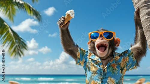 A cheerful monkey in a Hawaiian shirt and sunglasses holds an ice cream cone aloft on a sunny beach, palm trees and ocean provide a vibrant backdrop.