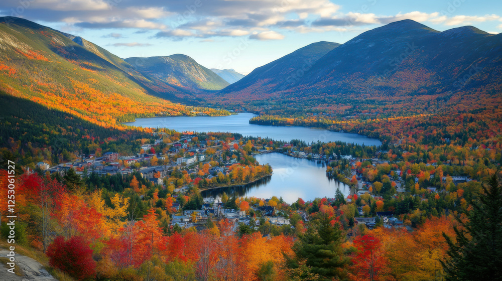 Fototapeta premium Vibrant autumn landscape showcasing mountains and valleys in golden hour light