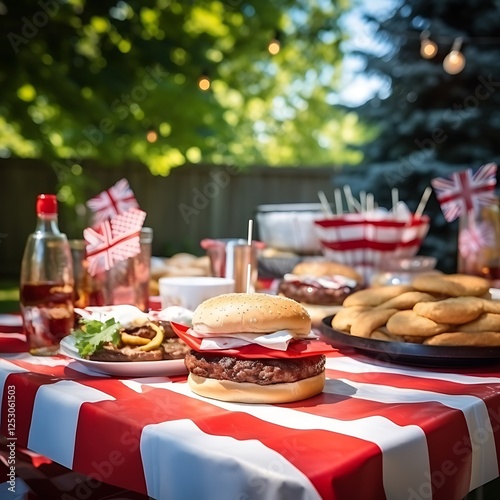 A festive backyard barbecue with a grill cooking burgers, red and white tablecloths, and a Canadian flag hanging from a tree, celebrating Canada Day. photo