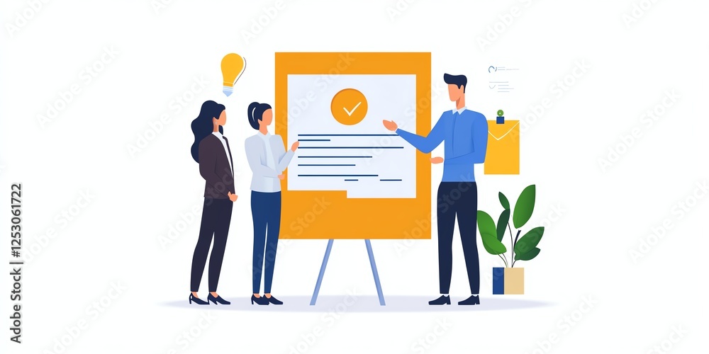 Team collaborating on a project with a presentation board in a modern office environment. Team collaborating on a project with a presentation board in a modern office environment.