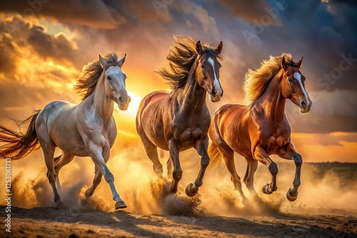 Majestic Mustangs: Three Wild Horses Galloping Through Dusty Plains at Sunset