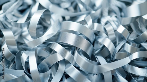 Shiny, tangled metallic ribbons, close-up view of curled strips. photo