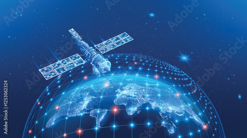 Vector abstract futuristic image. Realistic space communication satellite flies over the surface of planet Earth. Global Internet communication system, innovations and modern technologies. Planet Eart