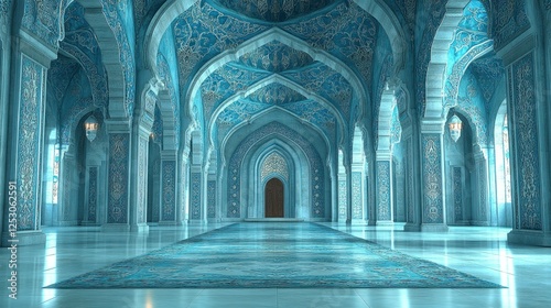Majestic blue-tiled interior of a grand hall with intricate arches and soft lighting