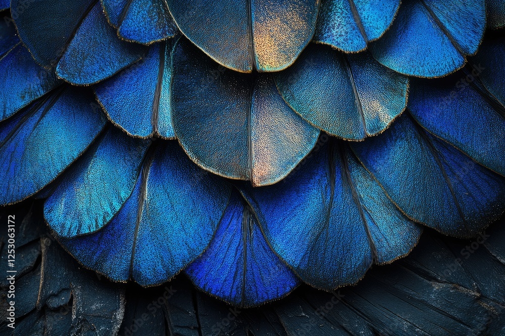 Obraz premium Intricate, vibrant blue feathers create a mesmerizing texture, showcasing nature's artistry.