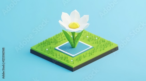 Isometric 3D Low Poly Style Flower with Grass and Square Base in Vibrant Colors for Creative Visual Projects
