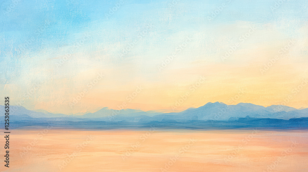 Naklejka premium Serene Landscape at Dawn With Soft Colors and Distant Mountains in the Horizon