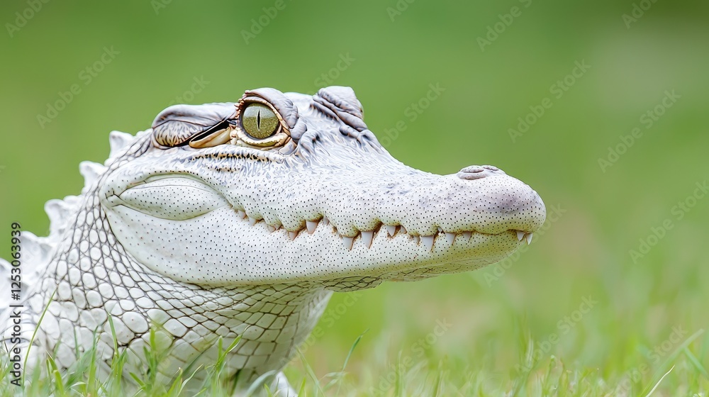 Fototapeta premium Young alligator portrait, green grass background, wildlife