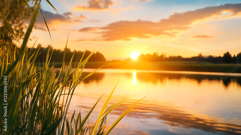 A serene view of a lake during sunset, featuring vibrant colors reflected on the water's surface, surrounded by lush greenery and a tranquil atmosphere. A serene view of a lake during sunset, featuring vibrant colors reflected on the water's surface, surrounded by lush greenery and a tranquil atmosphere.