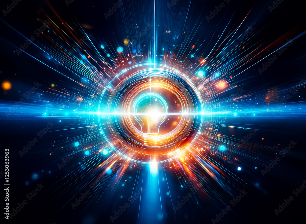 Fototapeta premium Bright light bulb at the core, surrounded by circular elements and radiating beams on dark backdrop. Represents innovation, idea generation, and energy.