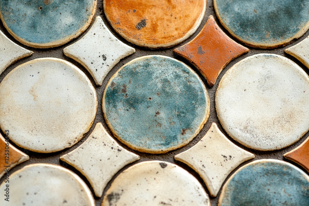 A close-up shot of rustic, circular and diamond-shaped ceramic tiles in earthy tones. A close-up shot of rustic, circular and diamond-shaped ceramic tiles in earthy tones.