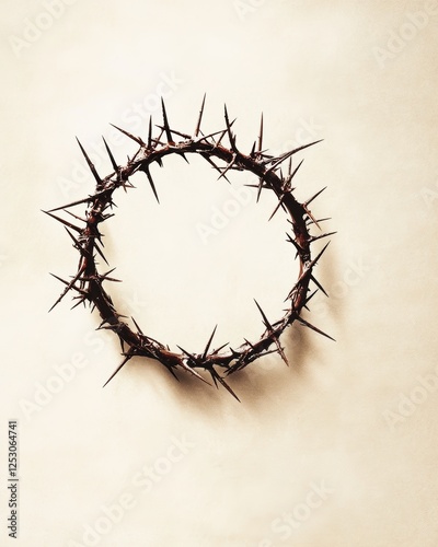 Crown of thorns on textured beige background, symbolic representation of Jesus' sacrifice