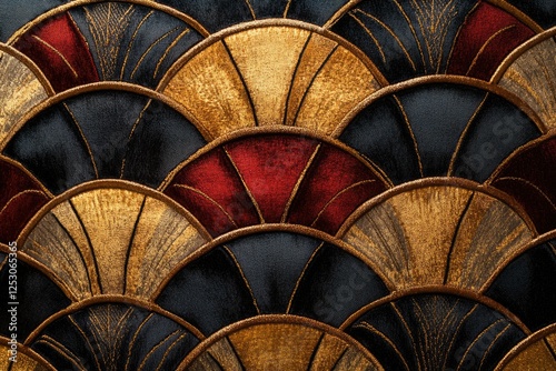 Art Deco-inspired textile with overlapping golden, red, and dark-blue fan shapes. photo