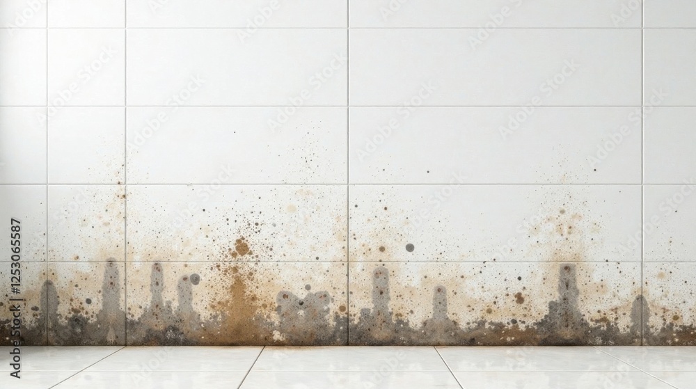 A tiled wall with water damage showing discoloration and stains at the bottom A tiled wall with water damage showing discoloration and stains at the bottom
