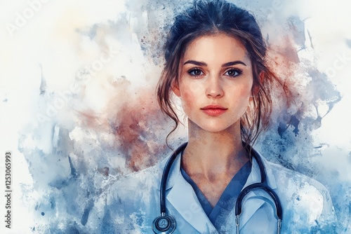 Young Female Doctor In A Watercolor Style, Embodying Compassion And Professionalism In Healthcare. photo