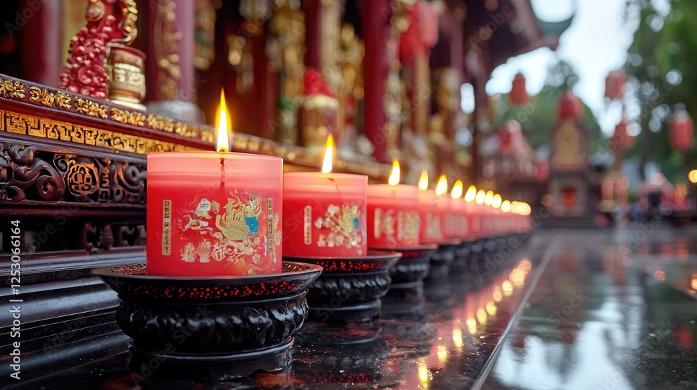 Fototapeta premium Row of burning red candles with gold Chinese characters lining a temple altar during a traditional prayer ceremony.