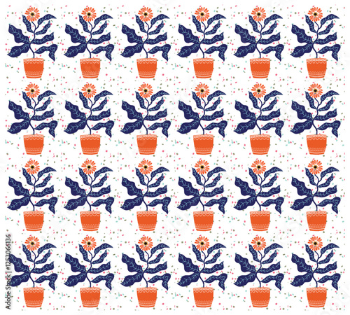 A whimsical pattern featuring potted plants with dark blue leaves and bright orange flowers, set against a white background with colorful specks