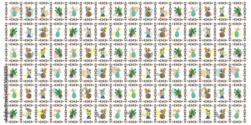 A vibrant pattern of potted plants and flowers in decorative pots, arranged in a grid with geometric borders