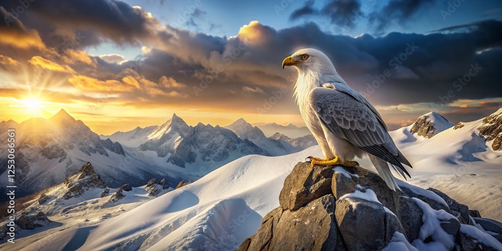 Fototapeta premium Majestic White Eagle Perched on Snowy Mountain Rock - Wildlife Photography