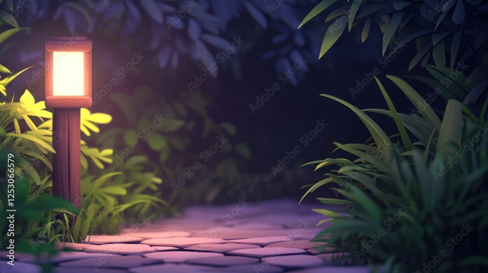 Fototapeta premium A serene, illuminated pathway in a lush garden at night, featuring a glowing lamp and vibrant greenery. Perfect for conveying tranquility, nature, or peaceful evening strolls.