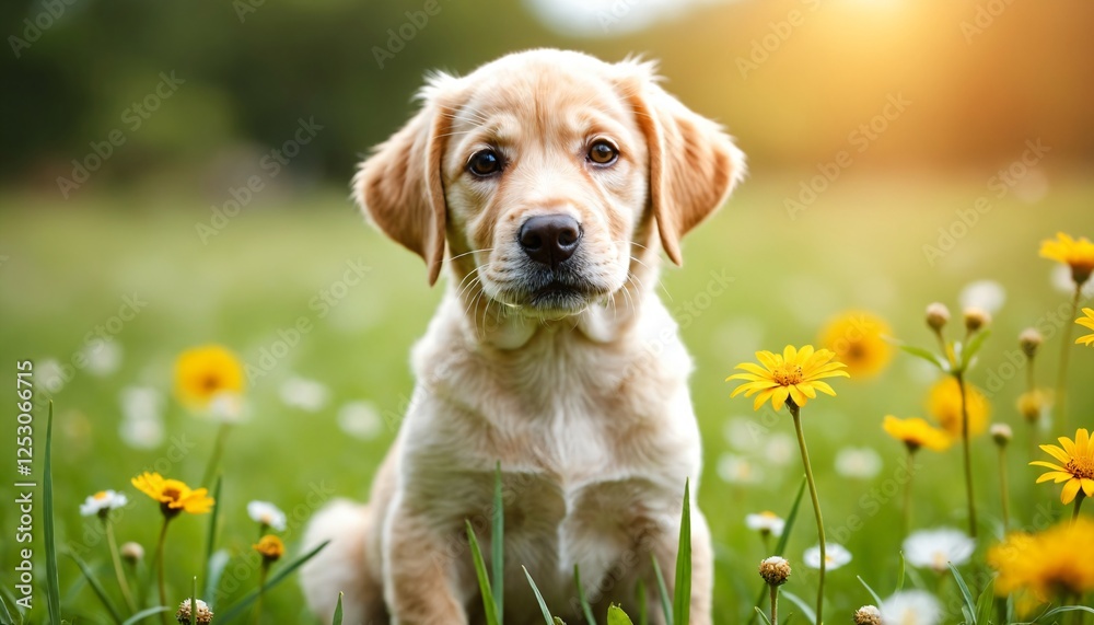 Adorable golden retriever puppy sitting in a meadow with flowers Adorable golden retriever puppy sitting in a meadow with flowers