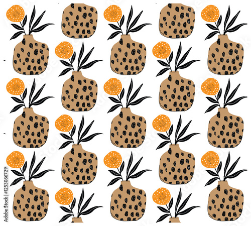 A repeating pattern of brown, spotted vases with black leaves and bright orange floral accents on a white background.