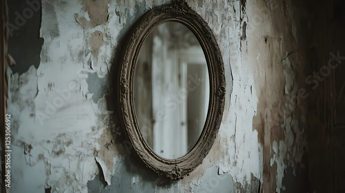 An old, cracked mirror hanging on a wall in a forgotten mansion. A faint reflection of a woman in a white dress can be seen, though no one else is in the room.
