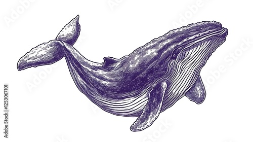 A Detailed Engraving of a Humpback Whale Swimming