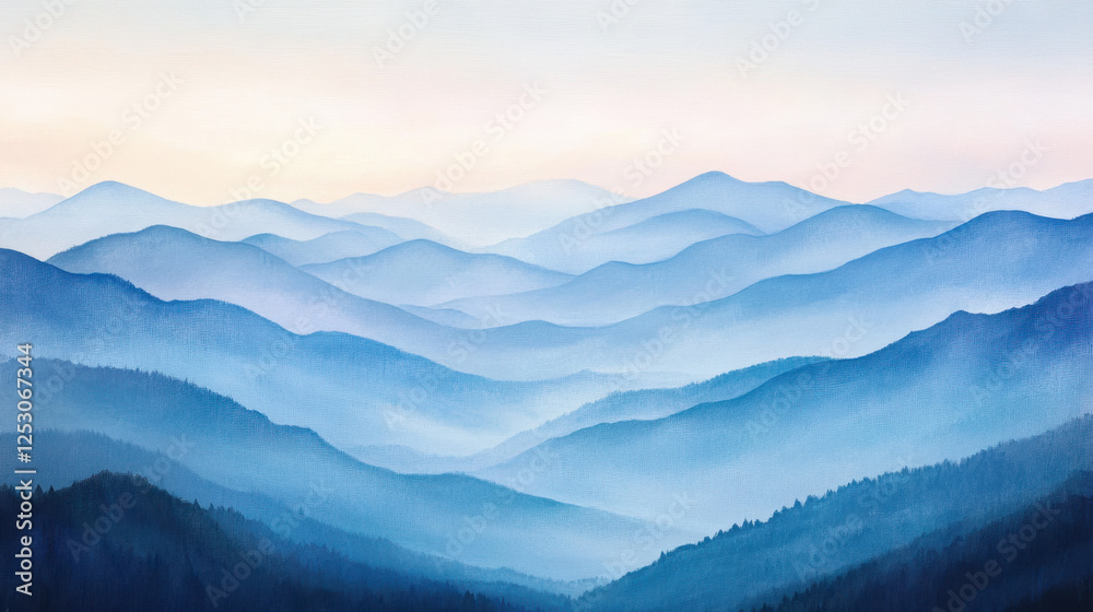 Mountain Ranges Create a Serene Landscape With Layers of Blue Under a Soft Morning Light in the Distance Mountain Ranges Create a Serene Landscape With Layers of Blue Under a Soft Morning Light in the Distance
