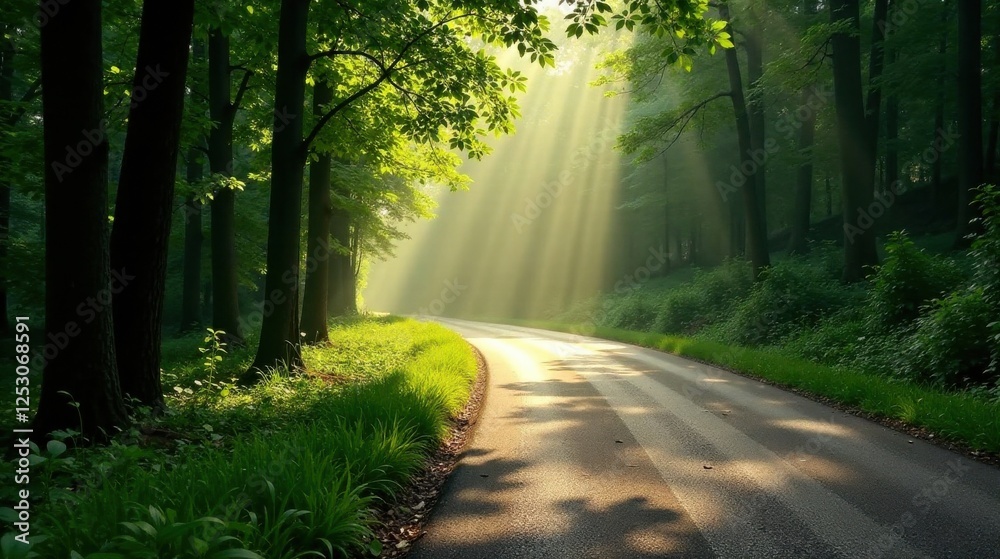 Fototapeta premium Serene morning sunbeams illuminating a winding road through a lush, verdant forest